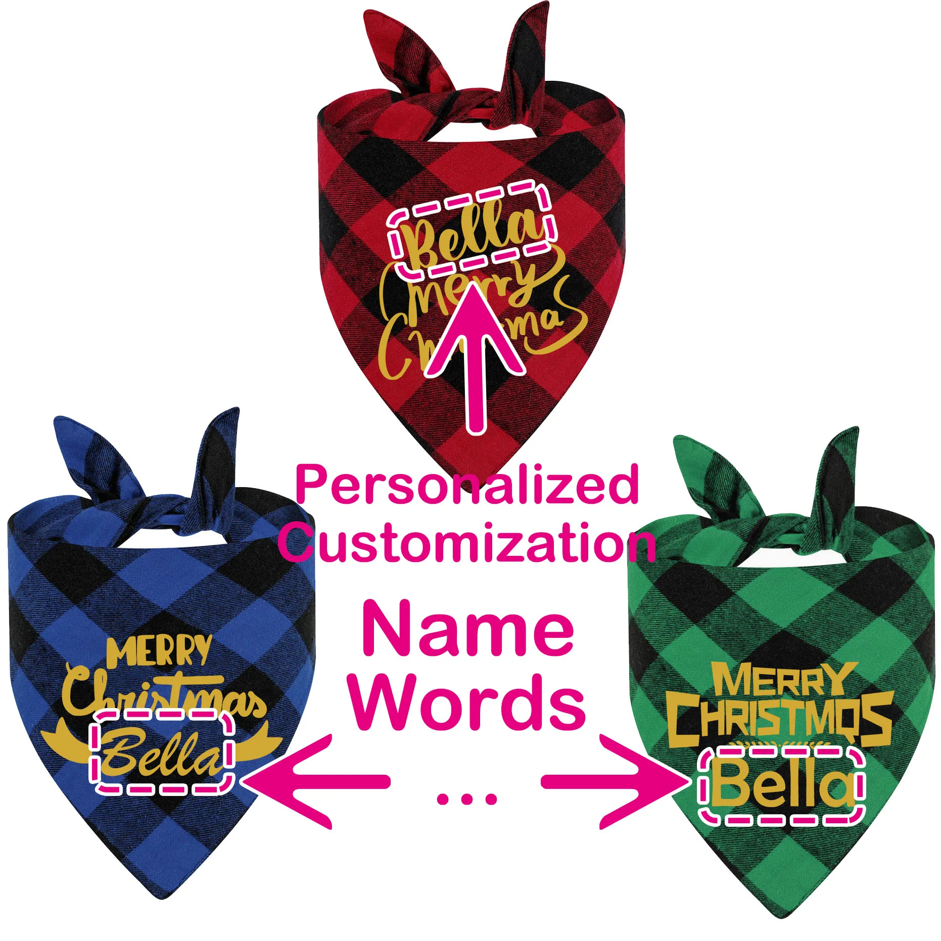 Feliz Navidad Santa nombre personalizado rojo verde a cuadros mascota perro Bandana triángulo bufanda Baberos para mascota cachorro perro accesorios de fiesta de vacaciones - imagen 3