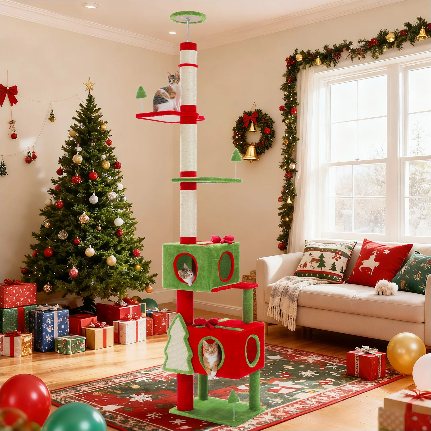 Torre para gatos funcional, árbol navideño para gatos rojo y verde con condominio acogedor, postes rascadores de sisal, muebles para gatos, accesorios para gatos, interior - imagen 2
