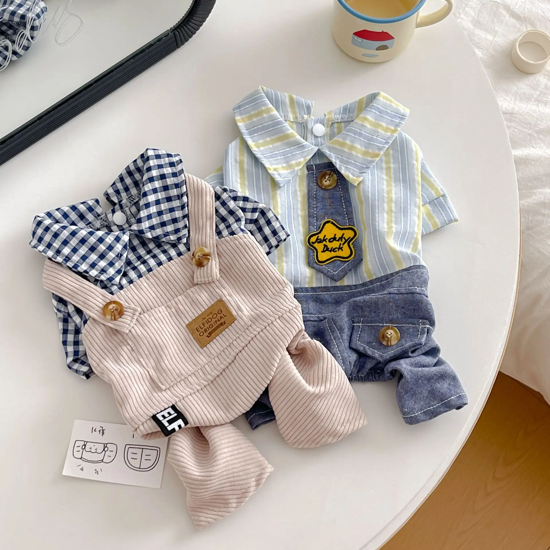 Camisa de primavera y verano para mascotas con rayas a cuadros de cuatro patas, mono para mascotas transpirable para el hogar, ropa para cachorros al aire libre - imagen 5