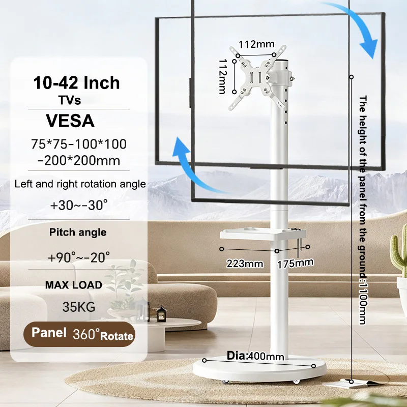 Soporte para TV móvil con ruedas, carrito para TV rodante portátil de altura ajustable, soporte para TV rodante Max VESA de 200x200mm para televisores de 10-42 pulgadas
