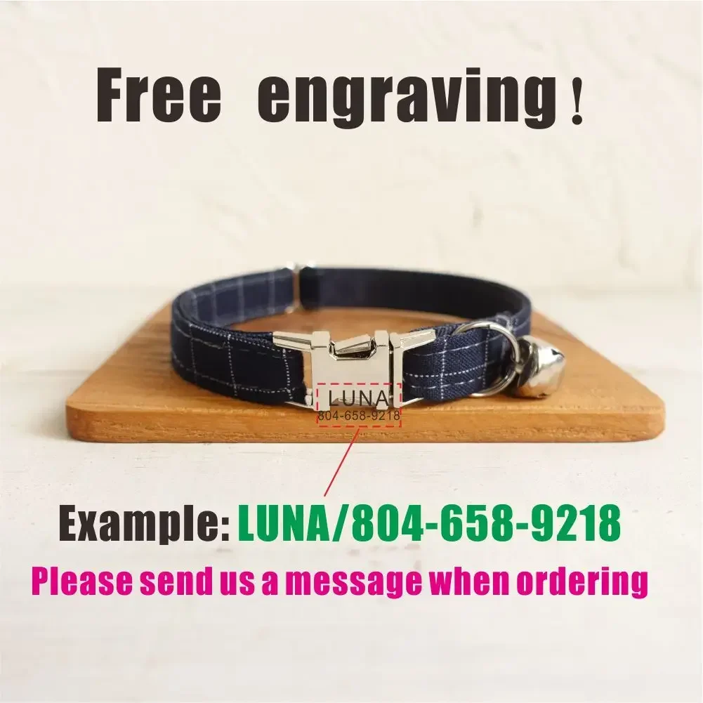 Collar de gato personalizado, contactos de nombre de identificación personalizados, hebilla de metal, collares de gato a cuadros de traje azul ajustables con campana - imagen 4