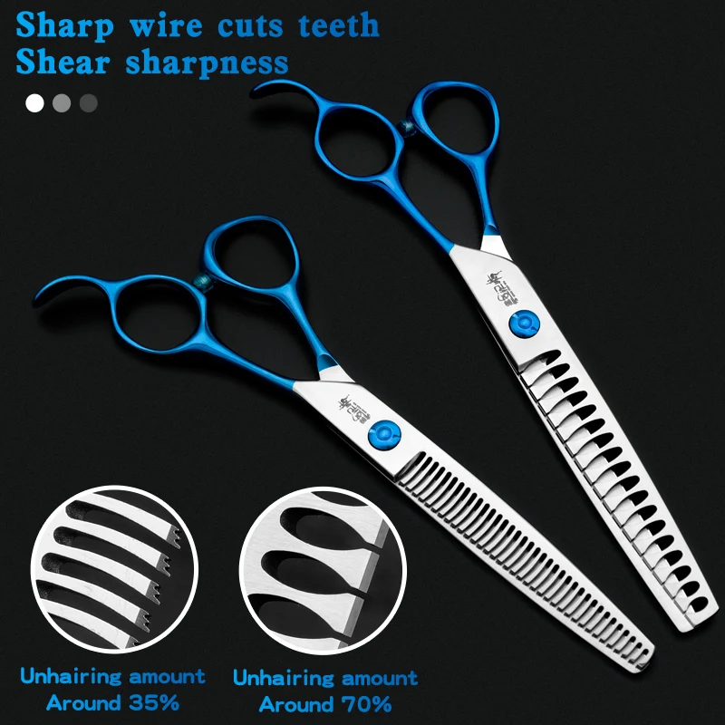 Tijeras profesionales de peluquería con mango azul, herramientas de aseo para mascotas con logotipo personalizable, tijeras para dientes de perros - imagen 2