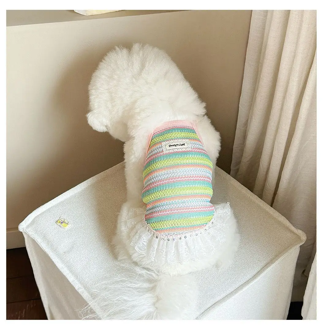 Chaleco a rayas de arcoíris para mascotas, falda con tirantes tejida hueca transpirable para gatos, vestido de encaje, vestidos para perros pequeños, primavera - imagen 2
