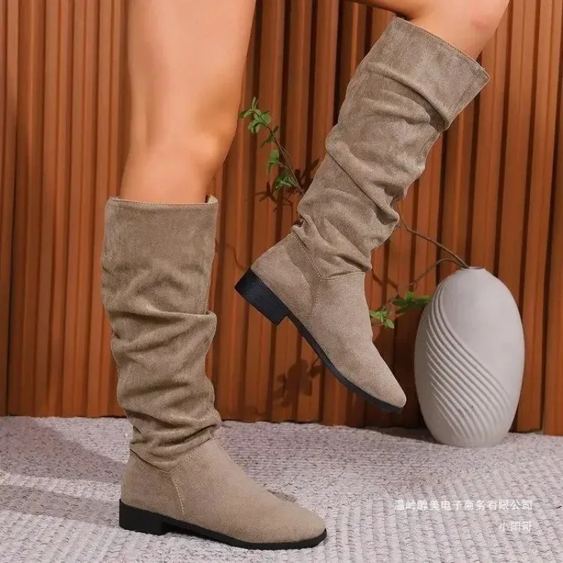 Botas occidentales sin cordones de talla grande para mujer, botas de moda de tacón plano de Color sólido con cabeza redonda de tubo alto, Material de terciopelo, invierno cómodo - imagen 4