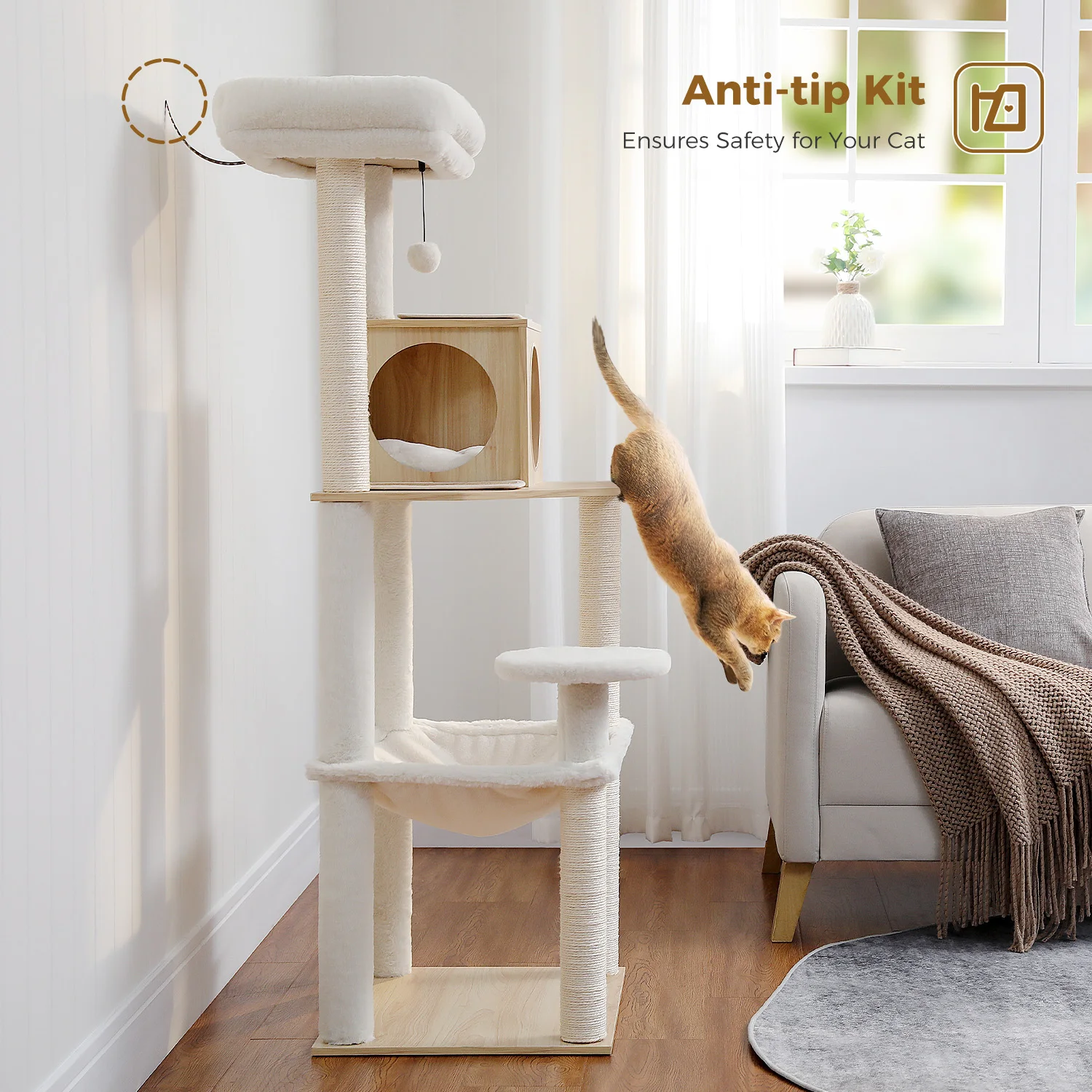Árbol de madera para gatos con postes rascadores de Sisal, hamaca grande, cama de felpa, torre para gatos moderna de varios niveles, Condo para gatos de interior, juguetes para gatos