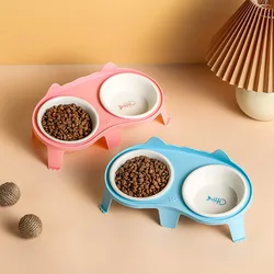 Cuenco de cerámica para gatos, cuenco doble, cuencos de agua inclinados elevados para comida de mascotas, cuencos para alimentar a beber de gatitos de alta calidad, suministros para mascotas