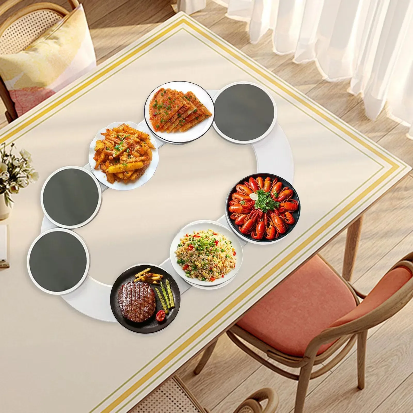 Mesa de comedor, bandeja giratoria para comida, olla caliente, platos de almacenamiento de ingredientes, paleta plegable para aperitivos y fiestas familiares, ropa para el hogar y muebles - imagen 4