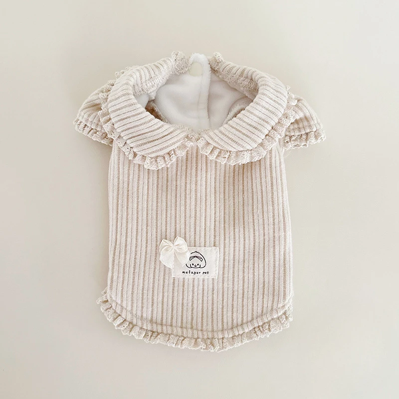 Otoño Invierno encaje a rayas muñeca Collar Base camisa lindo pana chaleco con cordón mangas de burbuja de felpa conjunto de falda con correa para el hombro - imagen 5