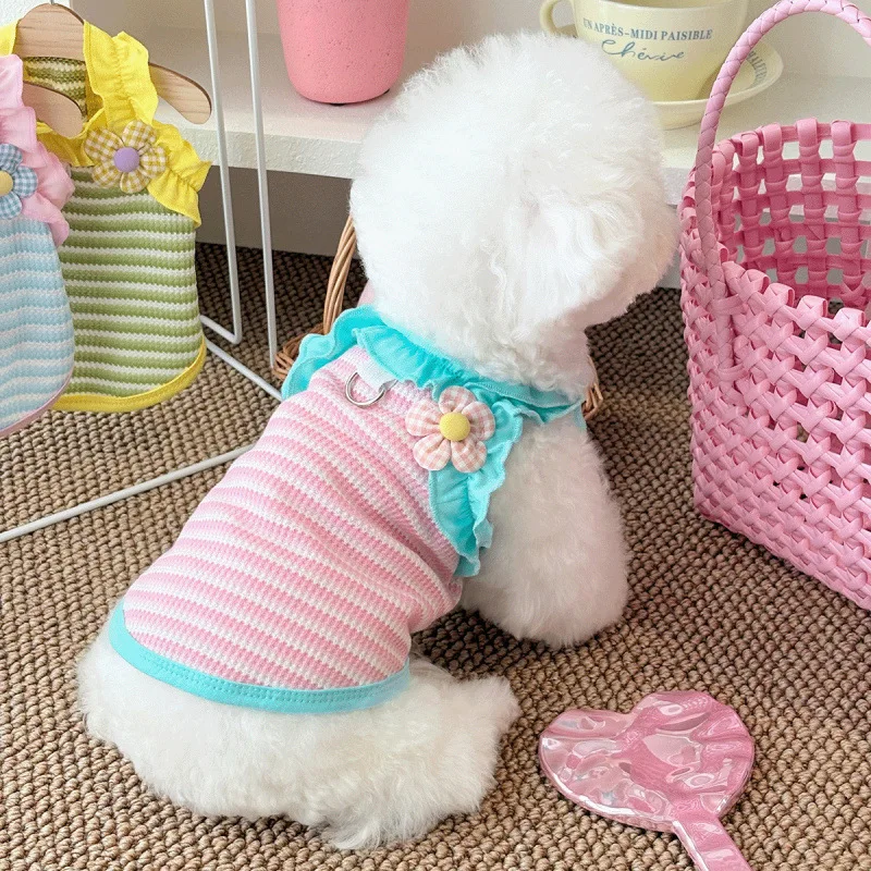 Chaleco con lazo de color caramelo para mascotas, camisola fina a rayas para gatos, Top de peluche para mascotas, ropa para cachorros, refrigeración para perros - imagen 2