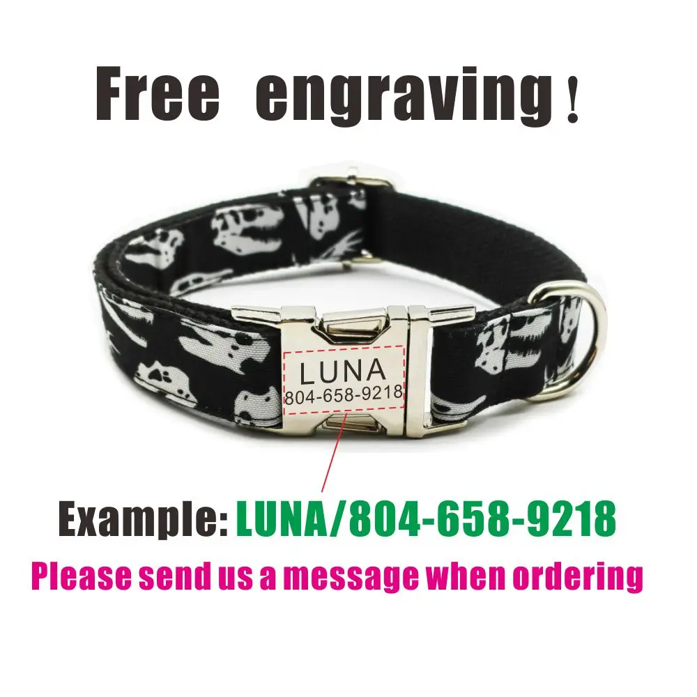 Collar de perro personalizado con grabado gratuito, correa para mascotas a juego, hebilla de Metal de contactos personalizados, Collar para mascotas con esqueleto negro - imagen 4