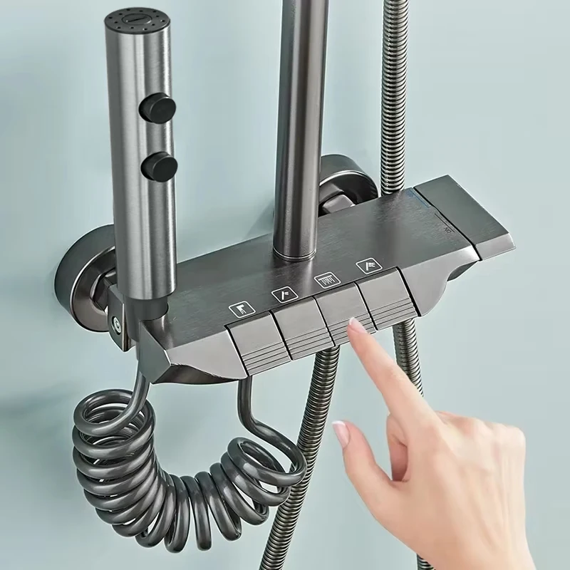 Juego de cabezal de ducha con botón multifunción, portador cuadrado de aluminio espacial, juegos de ducha simples, ducha fría y caliente presurizada para Baño