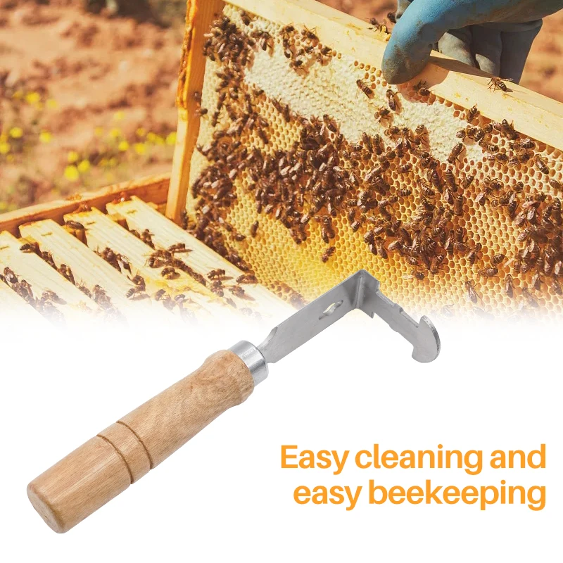 Limpiador de colmena de abeja de acero inoxidable, 1 piezas, pala de miel, herramienta de limpieza de Marco con mango de madera, suministros de Apicultura - imagen 3