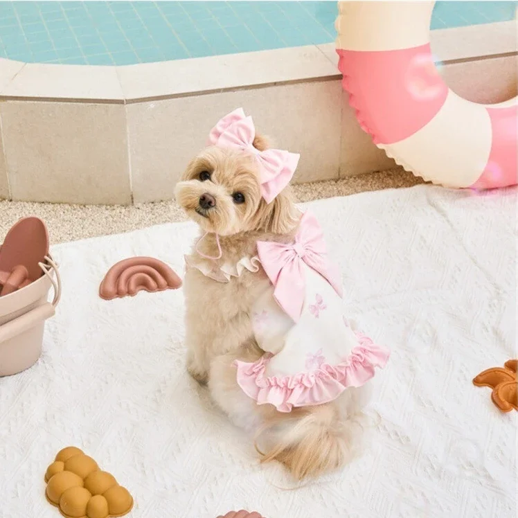 1/Set de traje de baño estampado de verano para perros, traje de baño con tirantes y lazo rosa para gatos, traje de baño de dos piernas a la moda, mono para mascotas, ropa para perros de peluche, ropa para cachorros - imagen 4