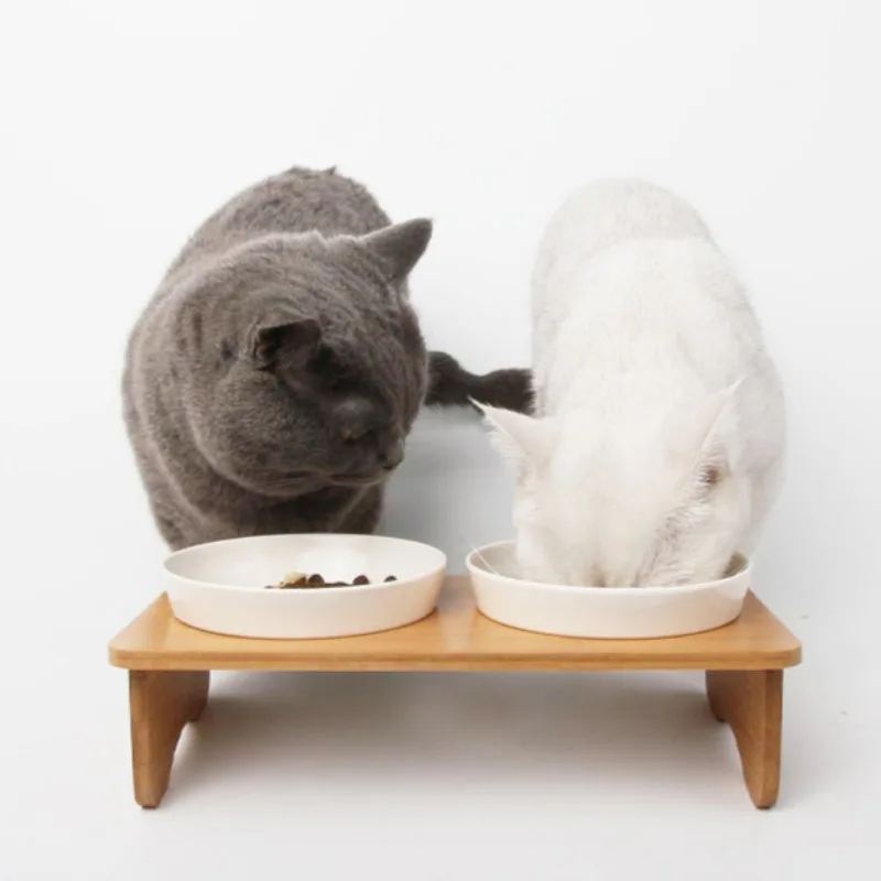 Cuencos dobles de comida para gatos con marco de bambú, vajilla para beber para mascotas, dispensador de agua Cervical protector para el hogar, contenedor alimentador para cachorros - imagen 5