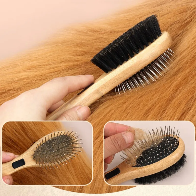 Peine para perros, cepillo de doble cara para perros, cepillo de bambú para el cuidado de perros, removedor de pelo para mascotas, peines de masaje para cepillos de limpieza de nudos de pelo de gato