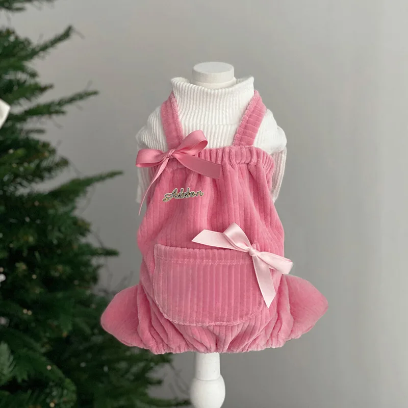 Monos de pana para mascotas, mono con lazo de mariposa, ropa de dos patas para cachorros de otoño e invierno, pantalones de cuatro patas para gato de peluche - imagen 4