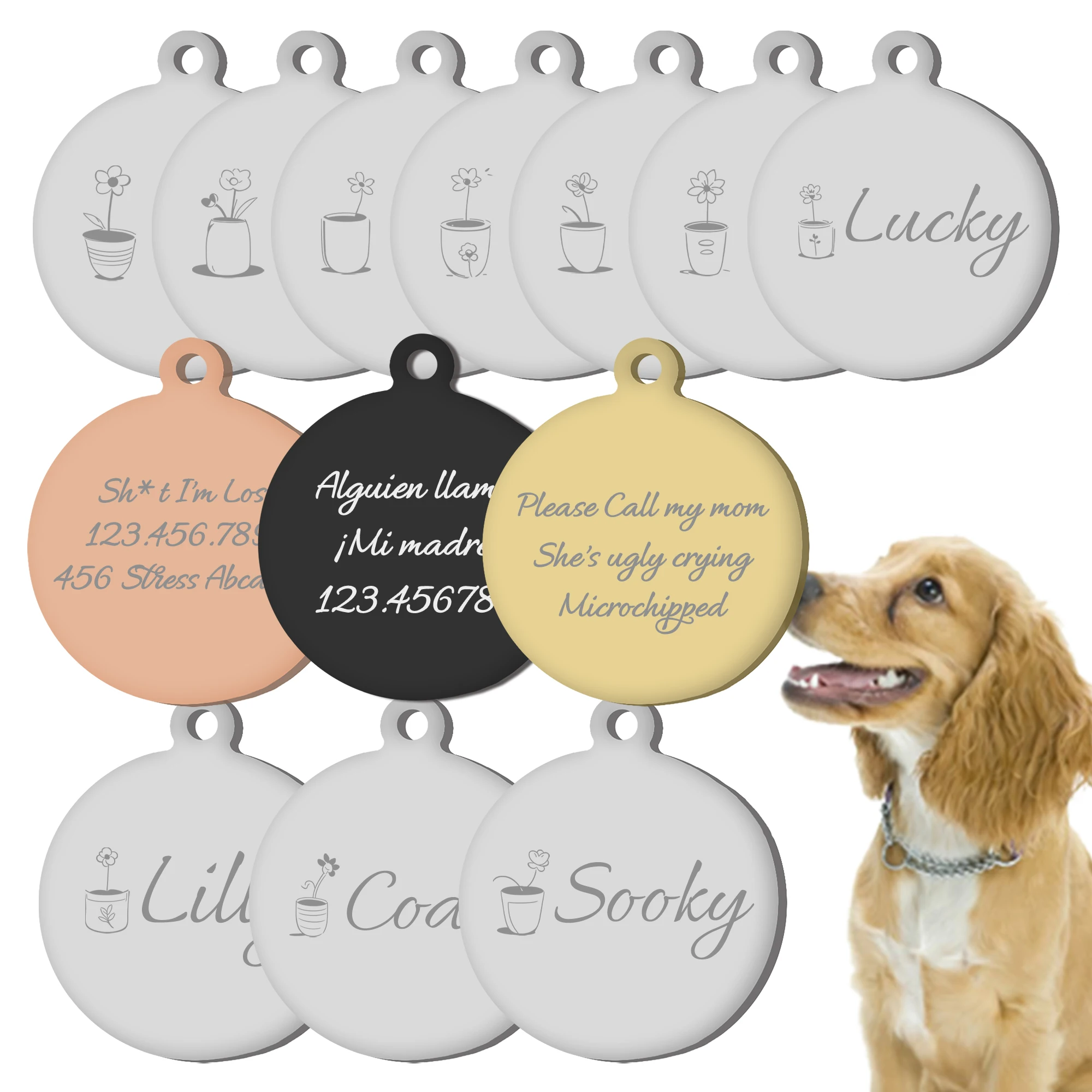 Etiqueta de identificación redonda personalizada para mascotas: acero inoxidable resistente al agua, grabado de texto personalizado con hermosos diseños de flores para perros y gatos