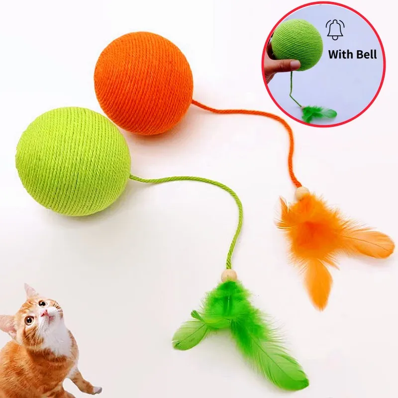 Juguete para gatos, juguetes interactivos de plumas para gatos, pelota de cuerda de algodón grande, juguetes para gatos, palos, juguete para gatos con campana, molienda de dientes, productos para mascotas