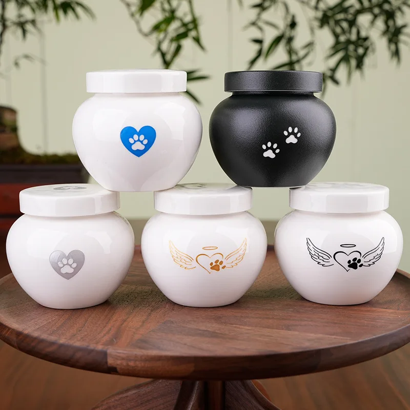 Urna pequeña para mascotas, tarro de cerámica con estampado de pata de gato, cubierta interior de silicona funeraria, ataúd de cerámica sellado a prueba de fugas, productos para recuerdos de mascotas - imagen 4