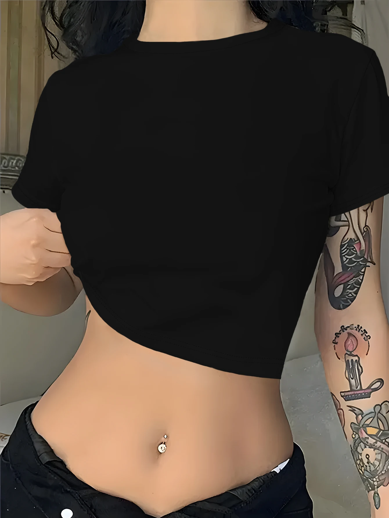 Camiseta de manga corta a la moda para mujer: cuello redondo, color sólido, tela suave, ropa informal holgada para primavera y verano para mujer - imagen 3