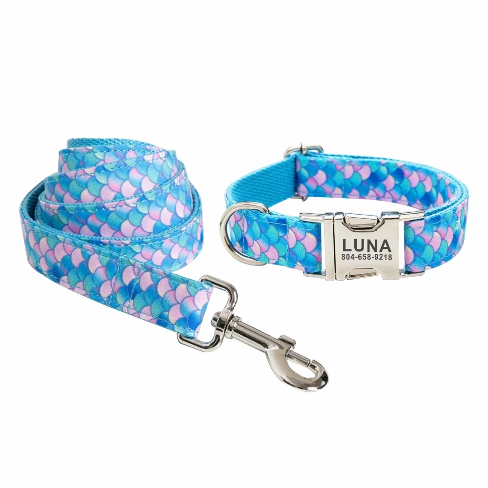 Collar personalizado para perro, accesorio para mascotas con placa de identificación y grabado gratis, correa para cachorro de sirena