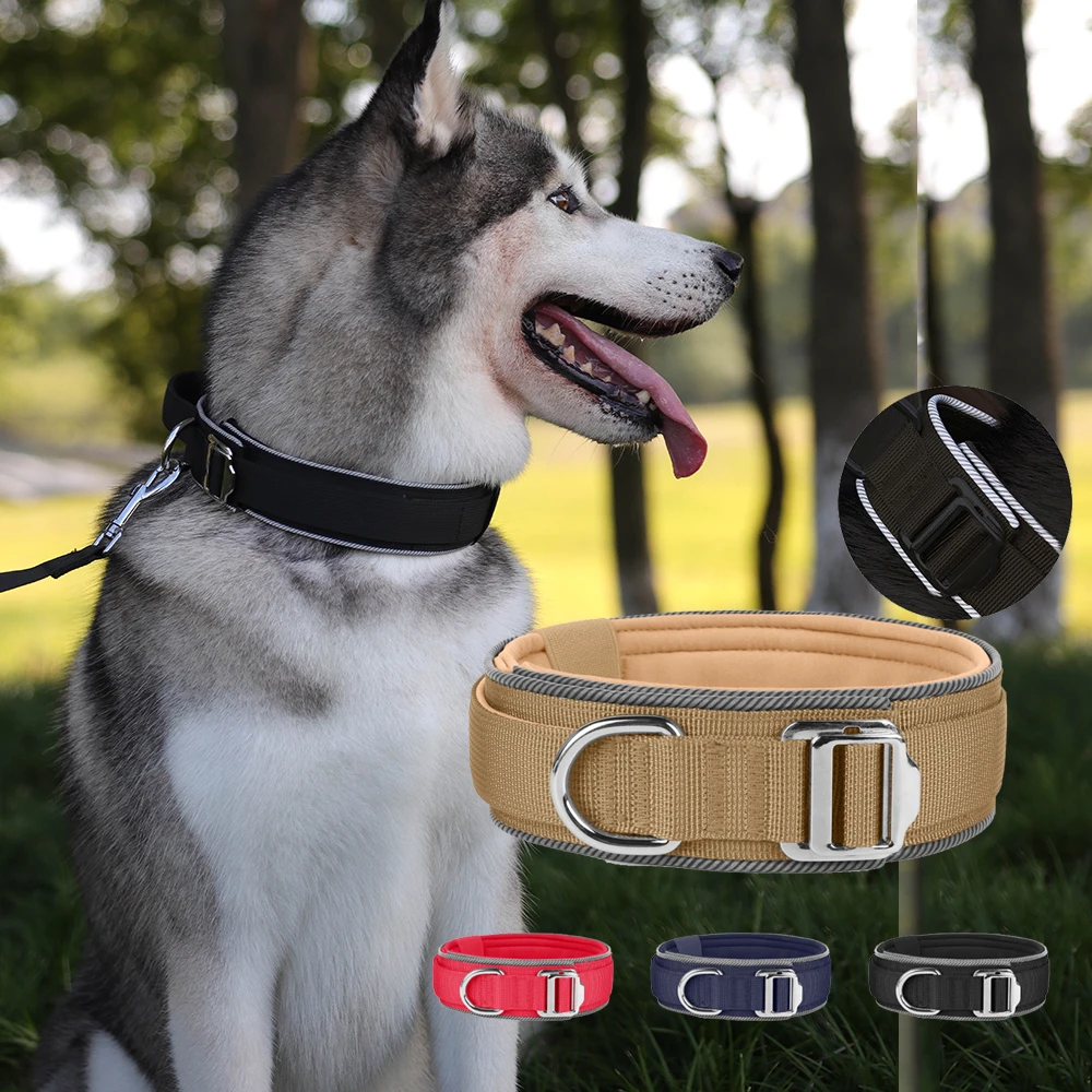 Collar para perro grande de nailon reflectante de 4 colores con agarre ajustable y acolchado suministros de adiestramiento al aire libre para perros medianos y grandes