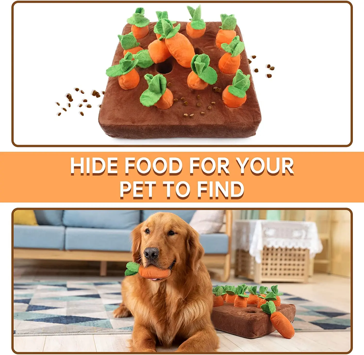 Estera de Snuffle de zanahoria de peluche para perros, juguete para masticar verduras para mascotas, innovador, ocultar comida, tirar de rábano, mejorar los hábitos alimenticios, juguetes interactivos - imagen 4