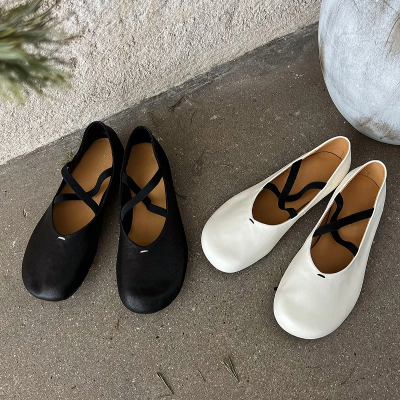 Bailarinas con correa cruzada, zapatos planos transpirables de verano 2025, zapatos planos Mary Jane de cuero suave Vintage