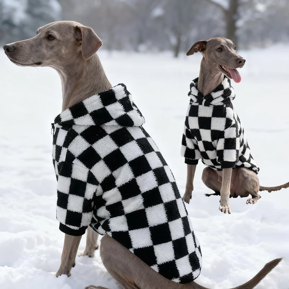 Ropa grande para perros, sudaderas con capucha a cuadros para mascotas, abrigo de lana de galgo italiano Whippet, suéteres de tablero de ajedrez Doberman de invierno, pijamas nuevos 2026