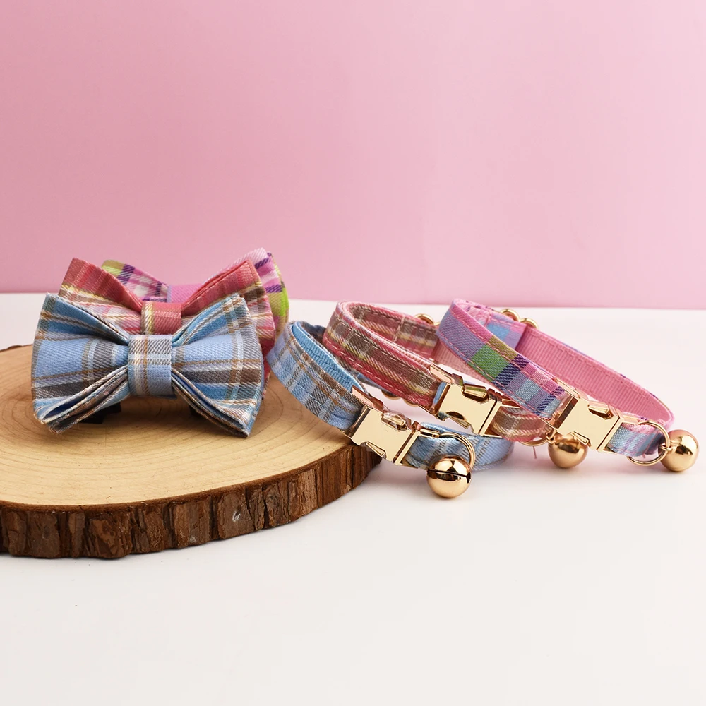 Collar de gato con patrón a cuadros, Collar personalizado de seguridad ajustable con lazo para mascotas, Collar suave con nombre personalizado