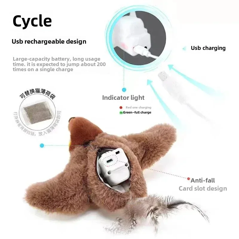 Juguetes interactivos para gatos calientes, pájaro eléctrico con hierba gatera (con hierba gatera), juguete de peluche chirriante activado por tacto para mascotas, recargable por USB - imagen 5