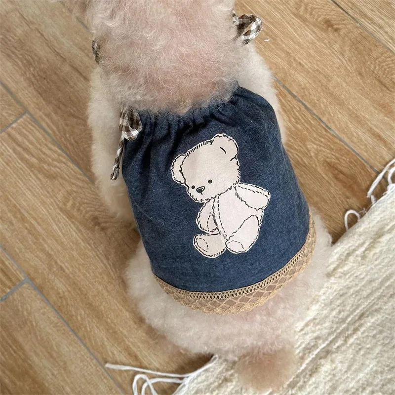 Vestido vaquero con tirantes para mascotas, chaleco con tirantes vaqueros de dibujos animados para gatos, oso de peluche, tocado con lazo superior para perros, vestidos para perros pequeños - imagen 3