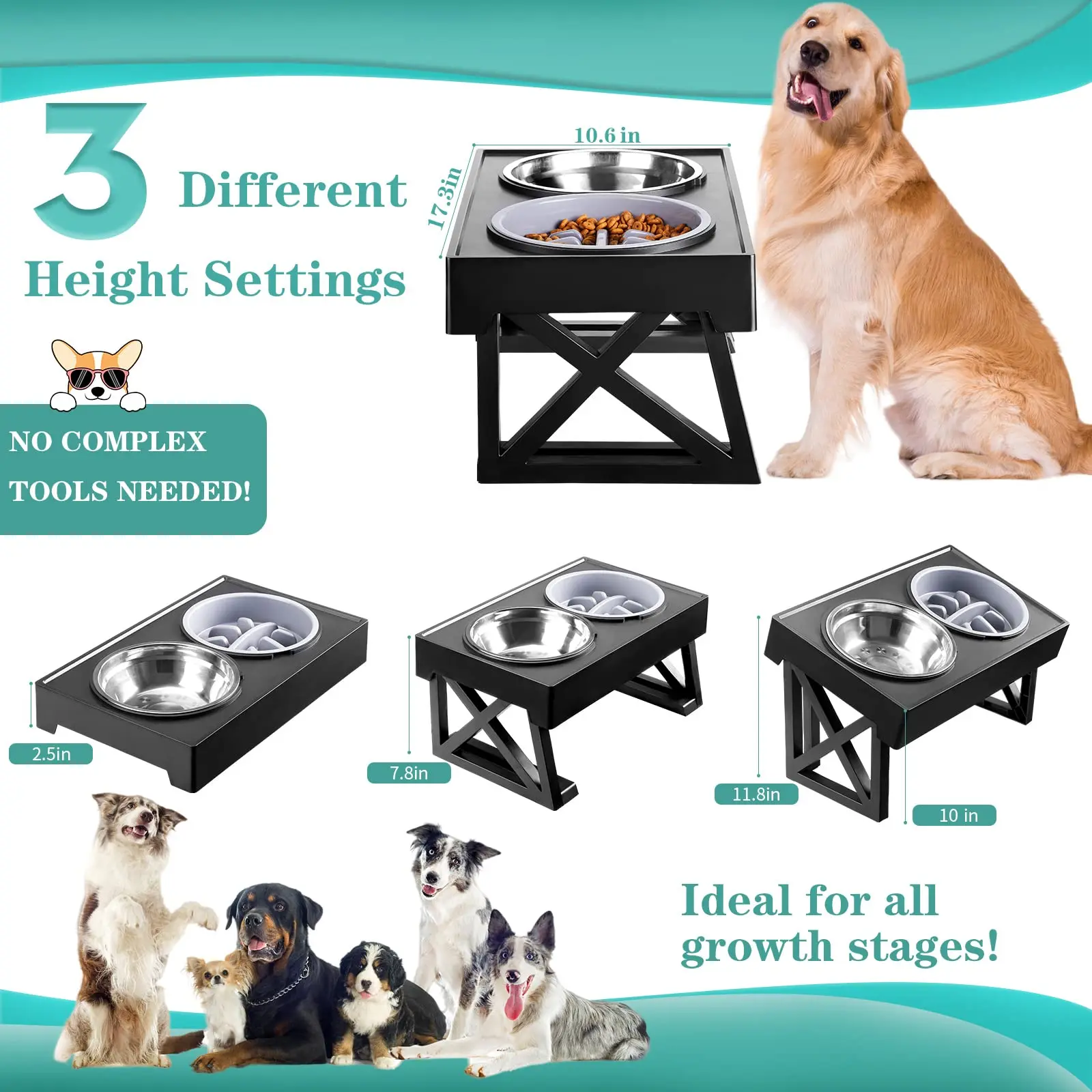Cuencos altos de acero inoxidable para perros pequeños, medianos y grandes, soporte elevado para mascotas con alimentador lento, 3 alturas ajustables - imagen 2