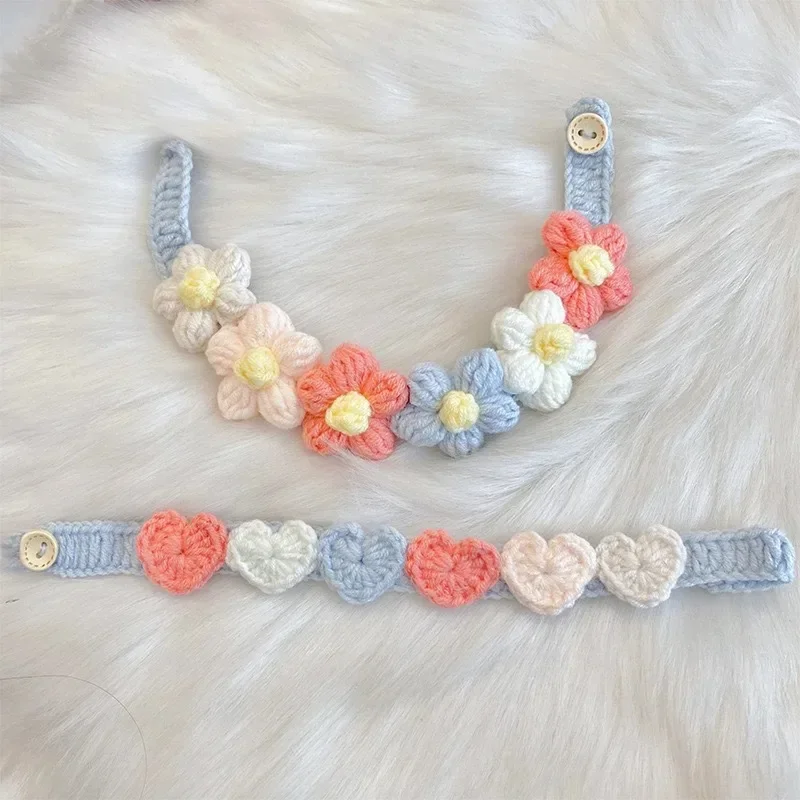 Collar de perro tejido hecho a mano, collar de gato con flores y corazones en 3D para mascotas pequeñas, accesorio cálido para cachorros de invierno - imagen 5