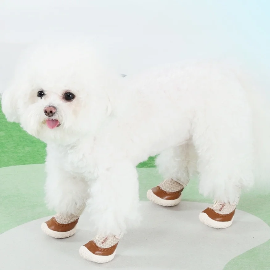 Zapatos de punto transpirables de verano para perros, zapatos antisuciedad para exteriores de cuatro patas, cubiertas para pies para mascotas, zapatos de cuero de suela blanda para mascotas - imagen 2