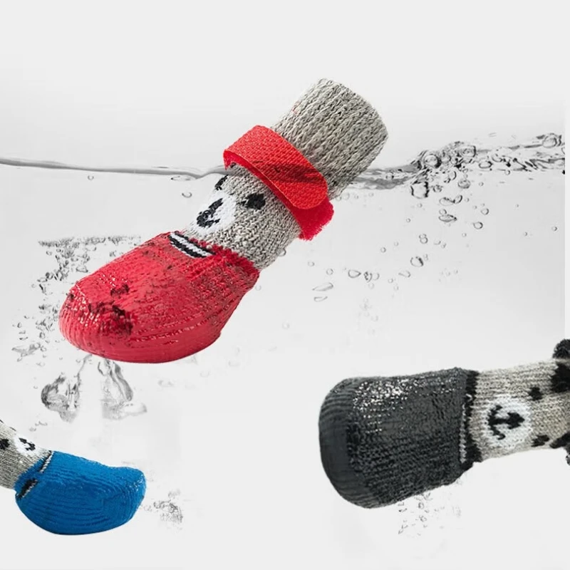 Calcetines de peluche para cachorros y perros, zapatos impermeables para gatos, cubierta para pies antiarañazos, calcetines antisuciedad para mascotas, calcetines cálidos tejidos para perros y gatos pequeños, 4 Uds. - imagen 3