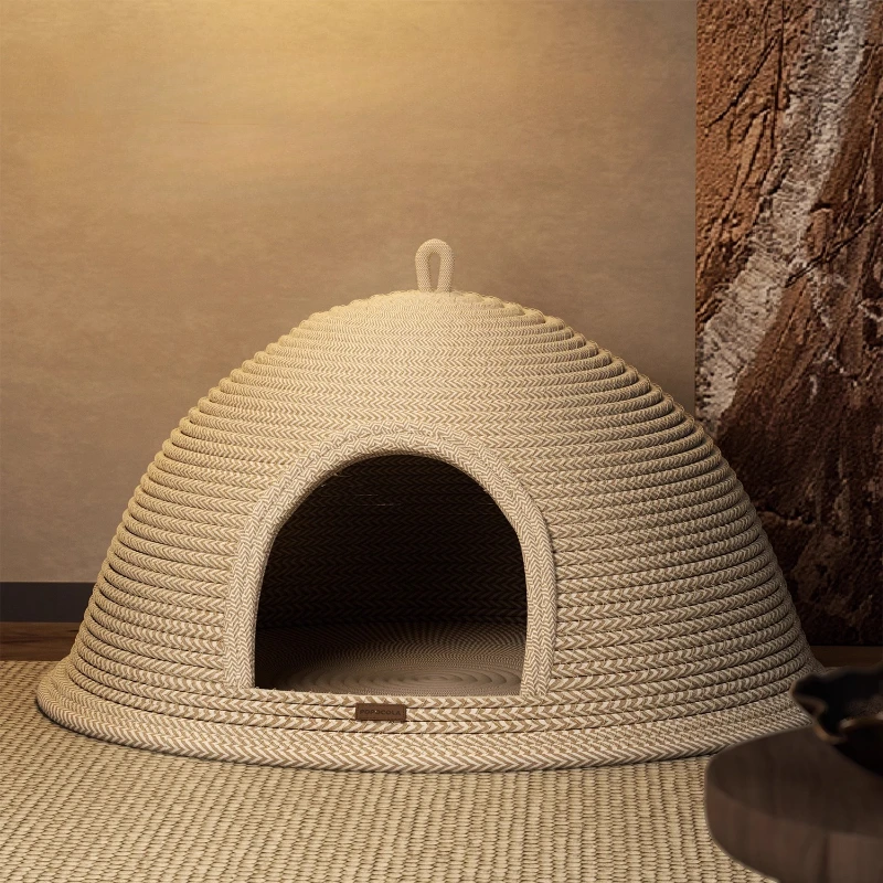 Cama de lujo para gatos, rascador, camas para gatos, tejido de lino y algodón, nidos para gatos, gatitos, cachorros, cama semicerrada para perros con asa - imagen 2