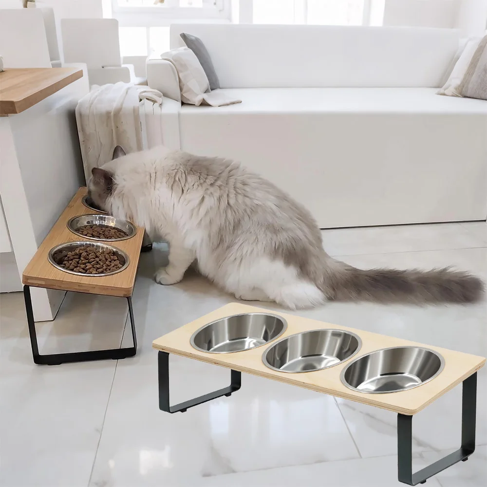 Comedero elevado para mascotas, 3 tazones de acero inoxidable con soporte de madera, cuenco de agua elevado para comida de gato para gatos y perros pequeños, alimentación saludable