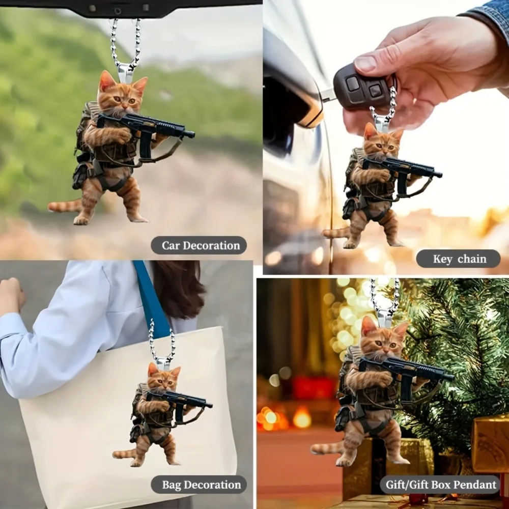 Llavero acrílico de gatito soldado, duradero, 2D, espejo de coche, colgante y bolso, llavero de gato bonito, regalo de Navidad para hombre, mujer y niña - imagen 3