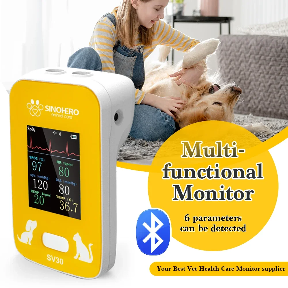 Monitor veterinario portátil 6 en 1 para mascotas, Monitor de signos vitales multiparámicos SpO2 HR Temp ECG RR NIBP, monitoreo con aplicación Bluetooth