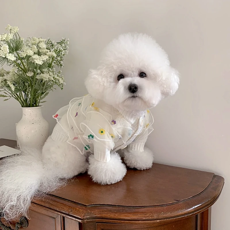 Suéter de encaje con bordado de flores para perro, abrigo cálido de invierno, ropa blanca clásica para mascotas, camisa bonita con botones abiertos para perro - imagen 3