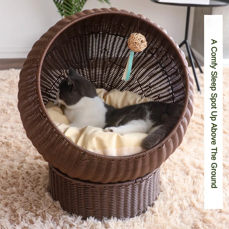 Cama de gato elevada tejida a mano con cojín, cesta de mimbre de imitación, casa de gatito con soporte, Cama de Gato elevada para gato de interior - imagen 2