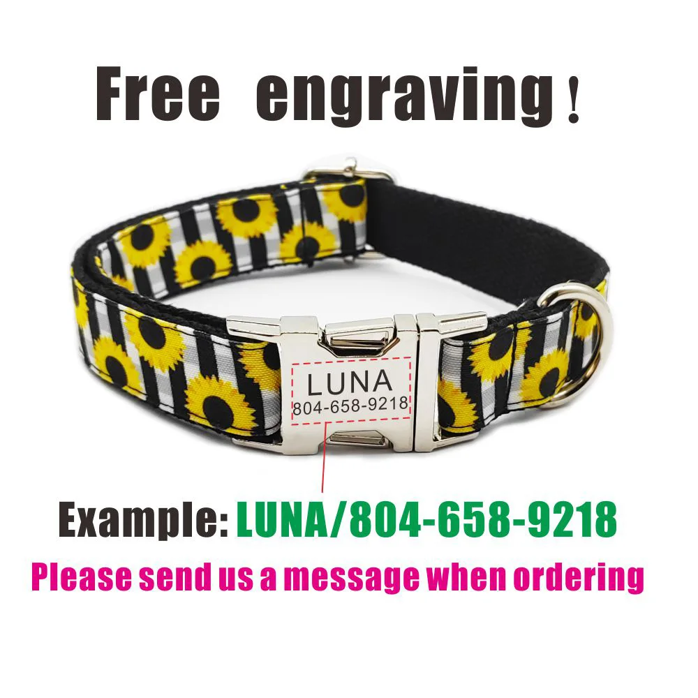 Collar de perro personalizado con grabado gratuito, correa para mascotas a juego, hebilla de Metal de contactos personalizados, Collar para mascotas de girasol - imagen 4