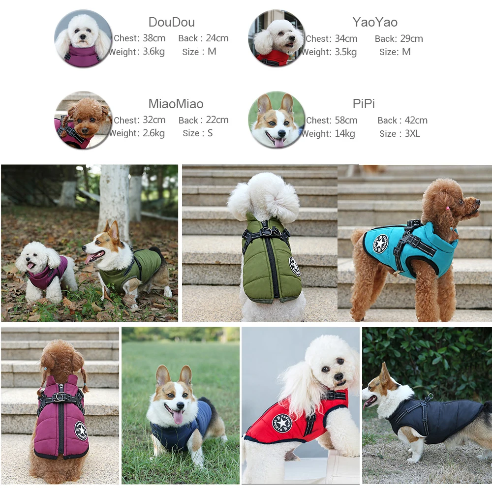 Abrigos de invierno para perros, chaqueta repelente al agua con arnés, ropa gruesa y cálida acolchada para perros, traje de nieve reflectante para perros pequeños - imagen 5