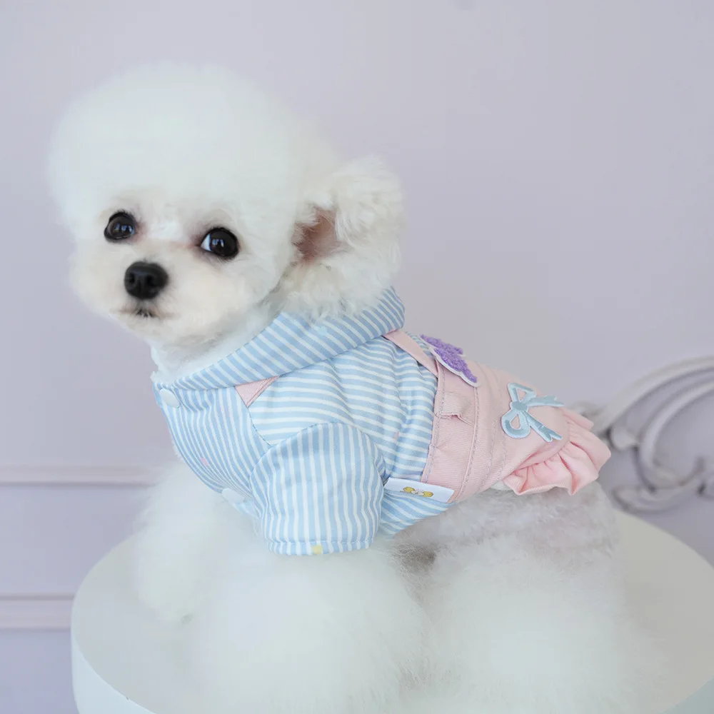 Abrigo a rayas para mascotas, falda vaquera con tirantes para el hombro, abrigo con capucha para otoño e invierno, ropa para perros, gatos y cachorros, ropa para perros pequeños - imagen 4