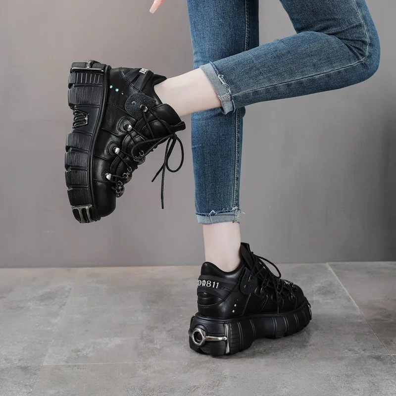 Zapatos gruesos Punk oscuro para mujer, botines con plataforma, zapatos con cordones de estilo gótico, botas de moto de Metal, botas gruesas con punta redonda - imagen 2
