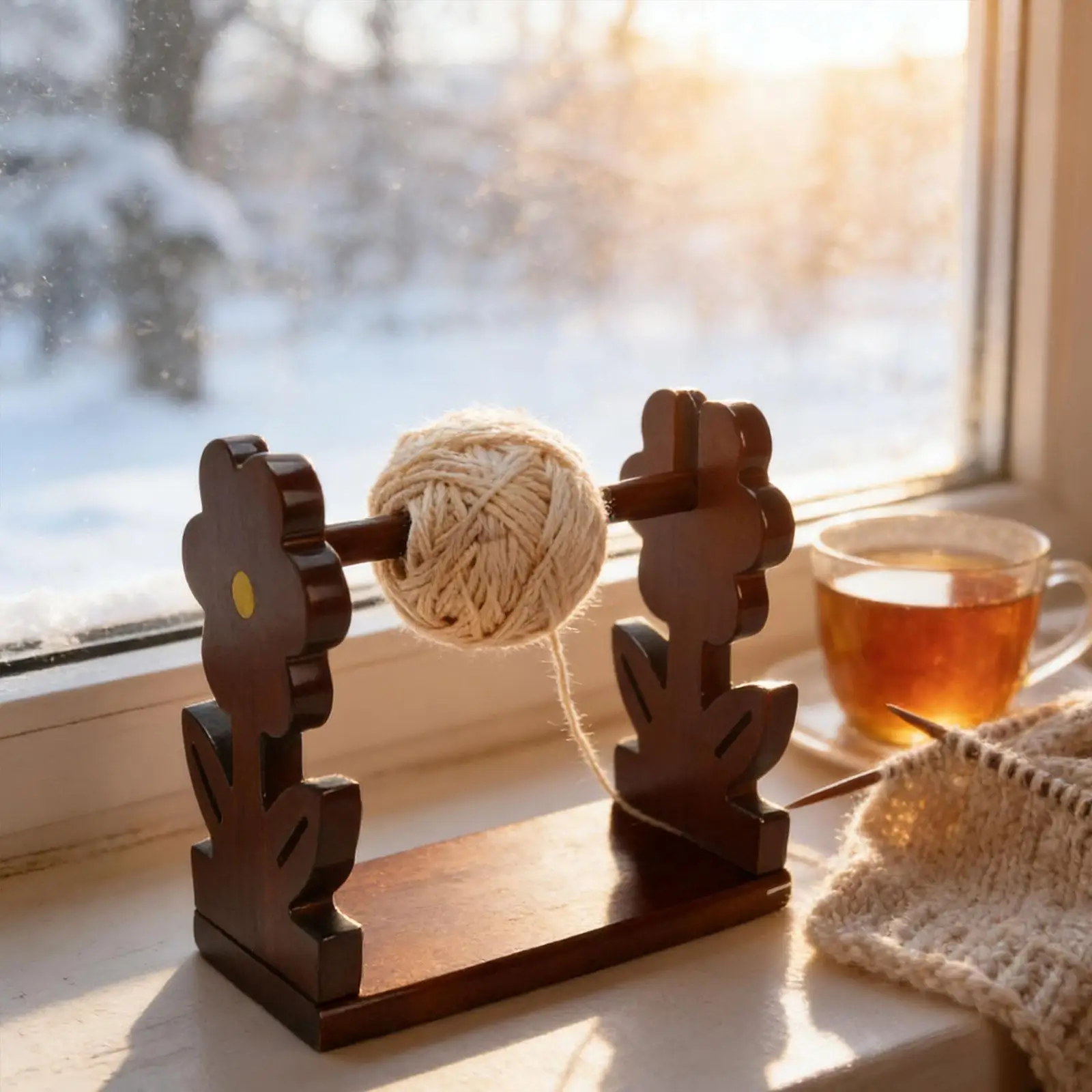 Soporte de hilo de madera inspirado en flores, organizador giratorio, accesorios de tejido de ganchillo para uso artesanal estacionario - imagen 4