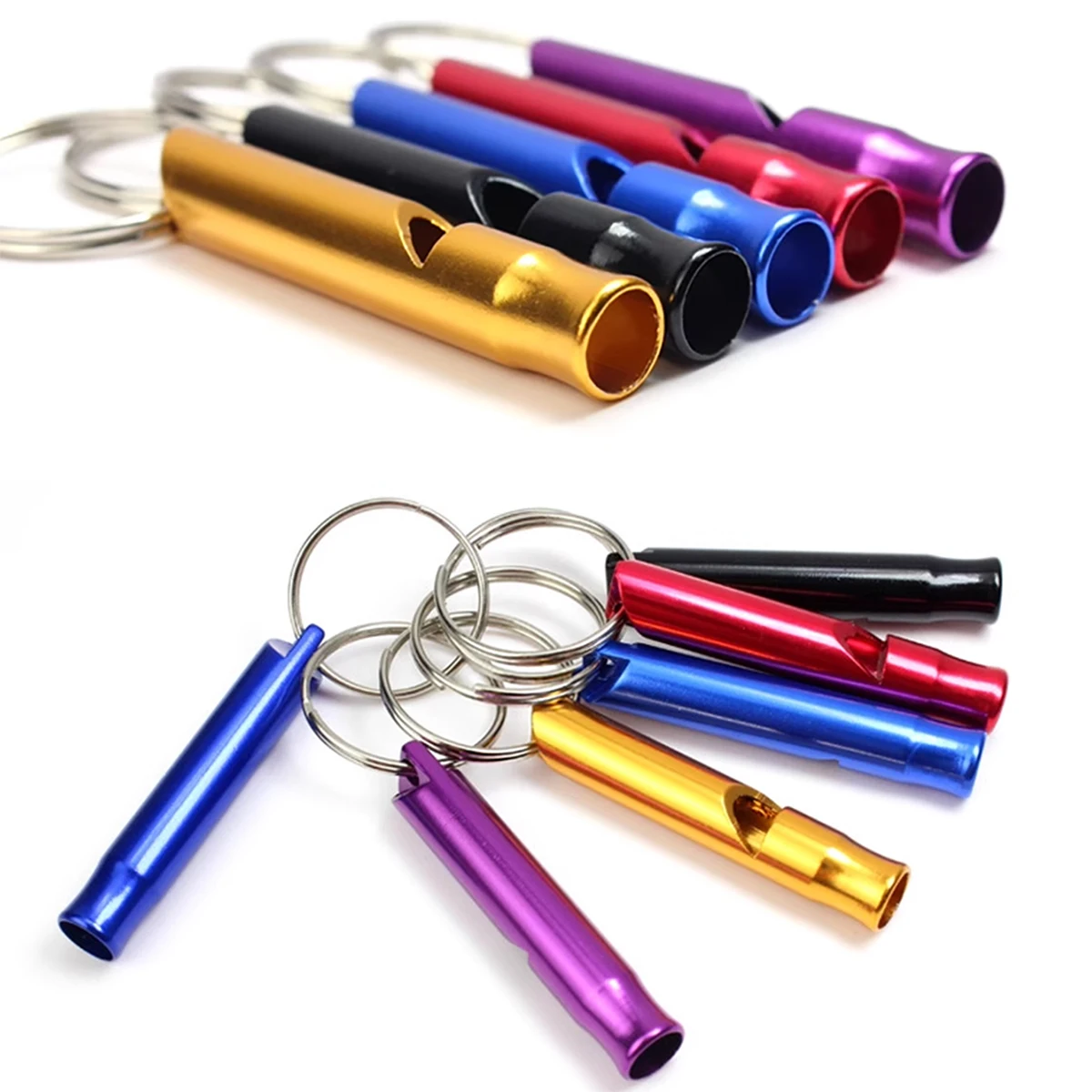 Paquete de 5 silbatos de entrenamiento de alta frecuencia de Metal, diseño de llavero portátil, entrenamiento de mascotas, silbato de juez de supervivencia al aire libre, Color aleatorio