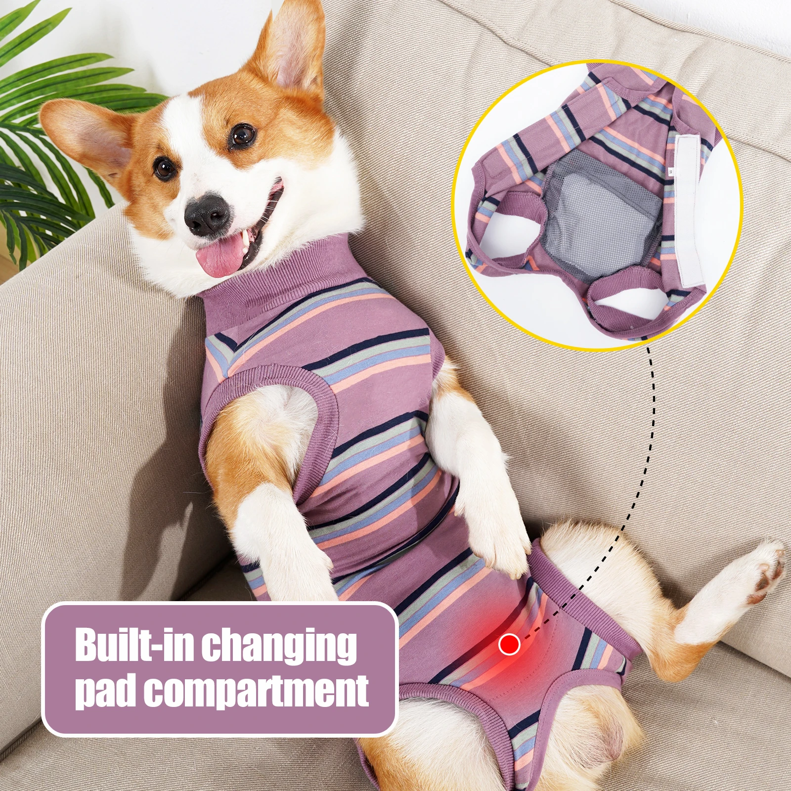 Traje de recuperación de rayas para perros después de la cirugía, camisa profesional de recuperación de mascotas, vendas para heridas abdominales, almohadillas para pañales disponibles - imagen 2