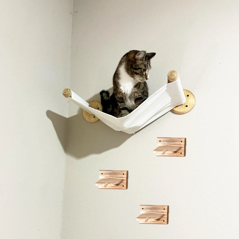 Estante para gatos, hamaca de pared, estantes de escalada en forma de luna y perchas, escalera, escalones de madera maciza para actividades, muebles de pared para gatos de interior - imagen 4